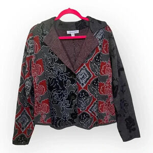 Coldwater‎ Creek Womens Red Gray Floral Fairisle Wool Button Sweater Sz M